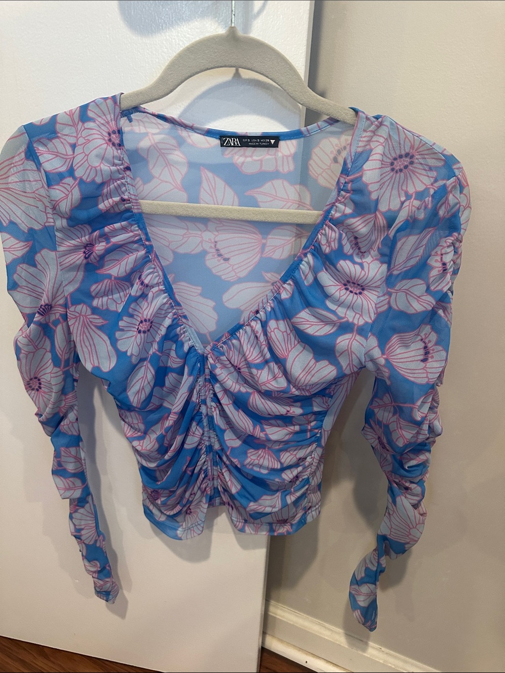 Zara Blue Floral Ruched V-Neck Long Sleeve Blouse